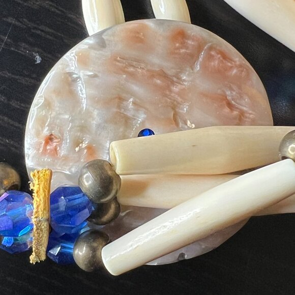 Vintage‎ Bone Hairpipe Bead Choker Necklace Blue Glass Brass Shell Disk Pendant - Picture 7 of 9